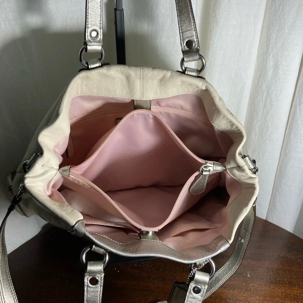 Coach Ashley Metallic Silver and white leather Tote shoulder Bag
